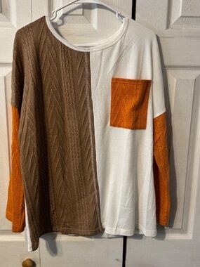 Textured Orange, Tan & Cream Color Block Long Sleeve Tunic  - Size XL